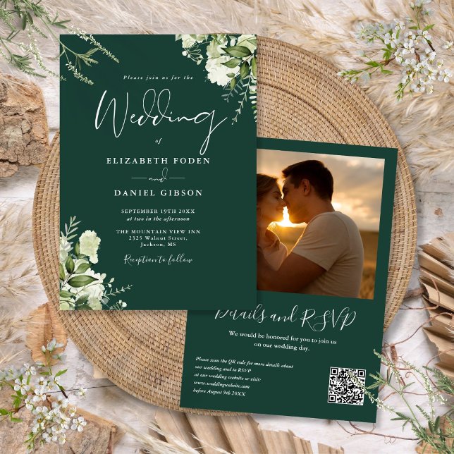 Greenery QR Code Photo Emerald Green Wedding Invitation (Greenery QR Code Photo Emerald Green Wedding Invitation)