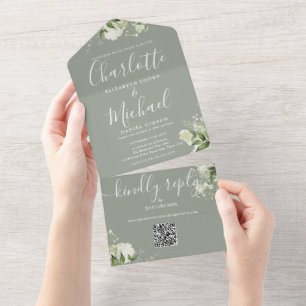 Greenery QR Code Script Sage Green Wedding All In One Invitation