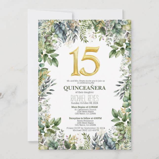  Greenery Quinceañera Invitation Template (Front)