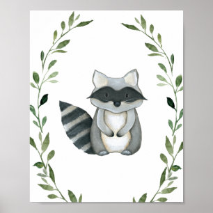 Greenery Racoon Woodland Animals Nursery Wall Art
