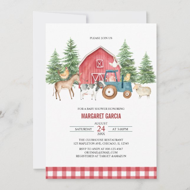 Greenery Red Barnyard Farm Animals Baby Shower Invitation (Front)