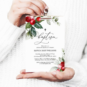 Greenery & Red Berries Baptism Invitation