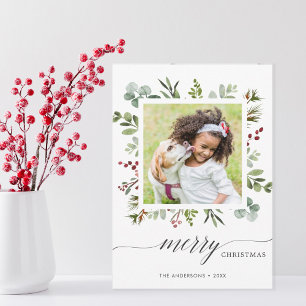 Greenery Red Berries Holiday Photo Card