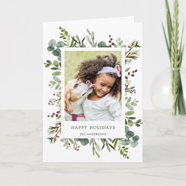 Greenery Red Berries Holiday Photo Folded Card (Front)