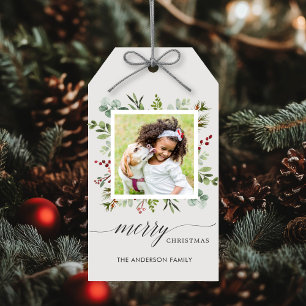 Greenery Red Berries Holiday Photo Gift Tags