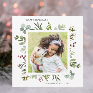 Greenery Red Berries Holiday Photo Square Card