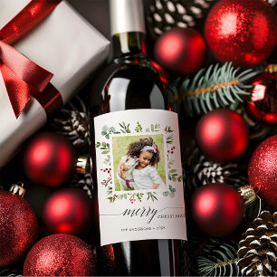 Greenery Red Berries Holiday Photo Wine Label