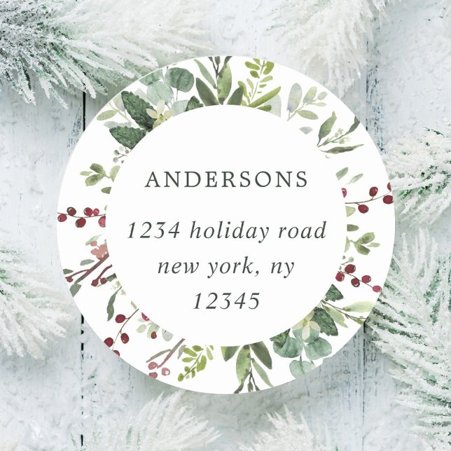 Greenery Red Berries Holiday Return Address Classic Round Sticker (Creator Uploaded)