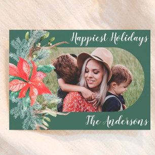 Greenery Red Foliage Botanical Modern Oval Photo Holiday Card
