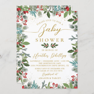 Greenery Red Holly Berries Christmas Baby Shower Invitation