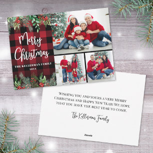 Greenery Red Plaid Photo Merry Christmas Holiday Card