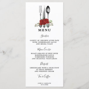 greenery red roses cutlery wedding menu cards