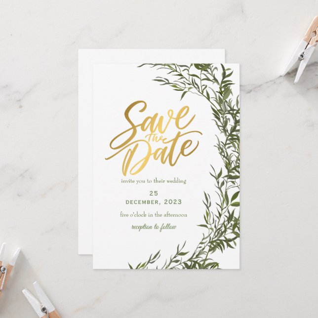 Greenery Romantic Save The Date Invitation (Front/Back In Situ)