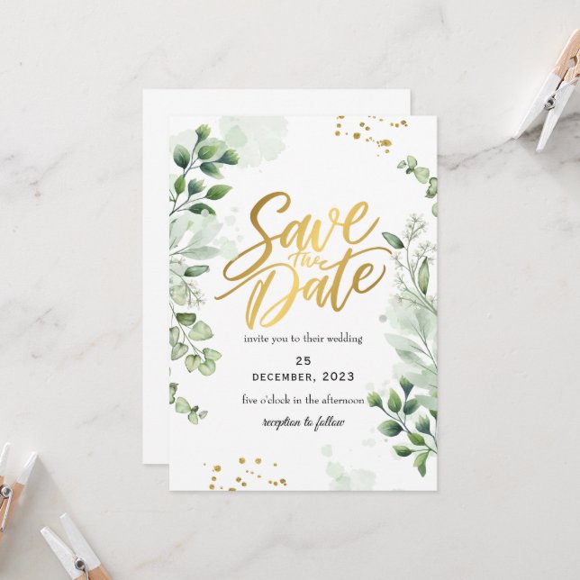 Greenery Romantic Save The Date Invitation (Front/Back In Situ)
