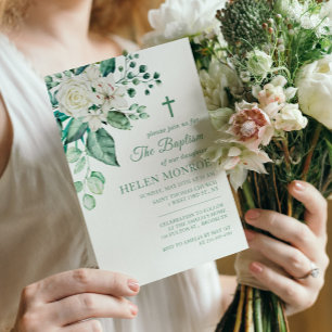Greenery Rose Flowers Baptism Invitation