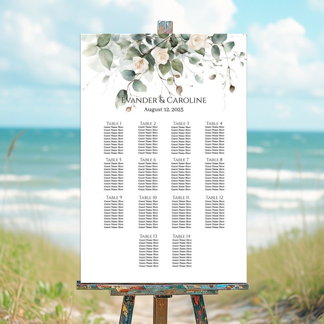 Greenery & roses wedding seating chart 14 tables (Creator Uploaded)