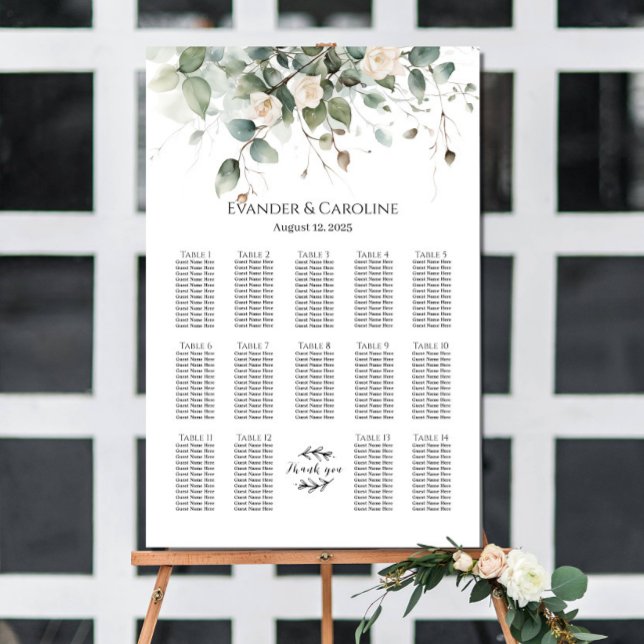Greenery & roses wedding seating chart 14 tables (Creator Uploaded)