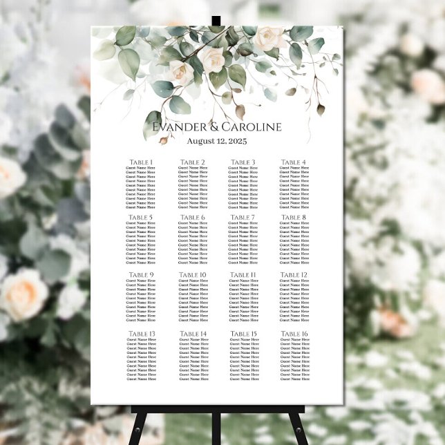 Greenery & roses wedding seating chart 16 tables (Creator Uploaded)