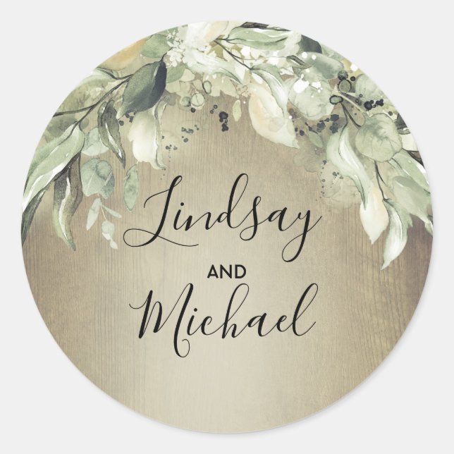 Greenery Rustic Country Wood Wedding Classic Round Sticker (Front)