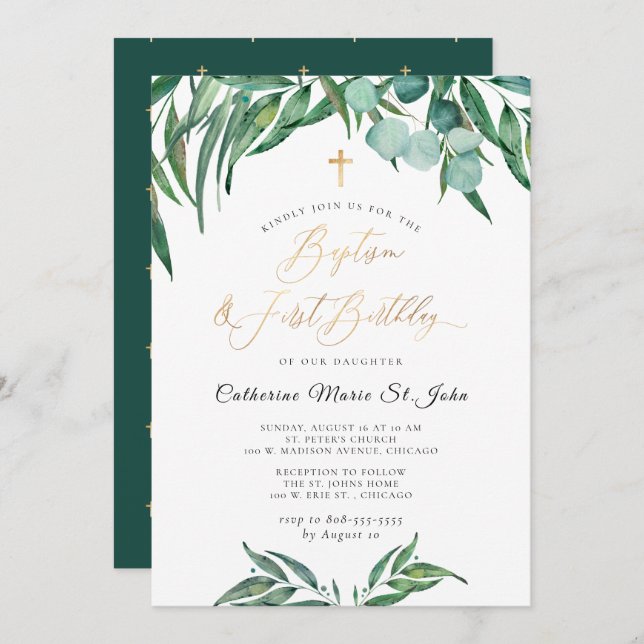 Greenery Rustic Eucalyptus 1st Birthday Baptism Invitation (Front/Back)