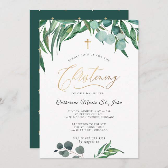 Greenery Rustic Eucalyptus Faux Gold Christening Invitation (Front/Back)
