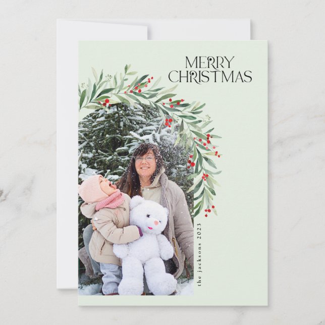 Greenery Rustic Photo Christmas Card Red Berries (Front)
