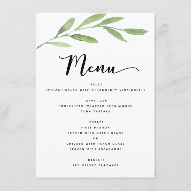 Greenery Rustic Simple Elegant Watercolor Wedding Menu (Front)
