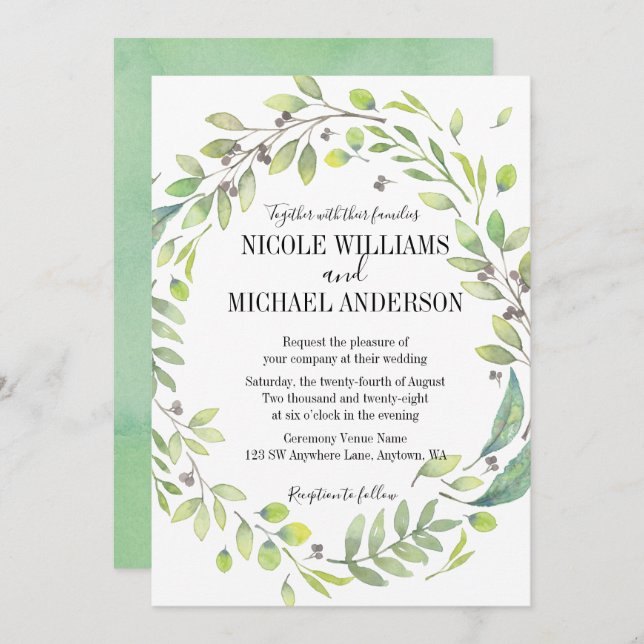 Greenery Rustic watercolor WREATH Foliage WEDDING Invitation (Front/Back)