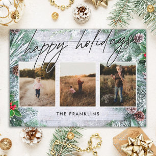Greenery Rustic Wood Script Happy Holidays Photo  Holiday Card
