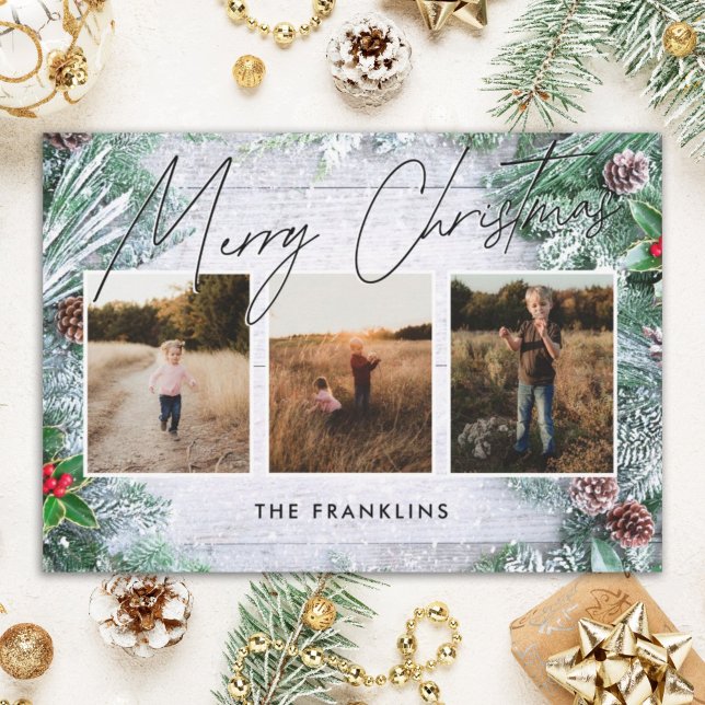 Greenery Rustic Wood Script Type Christmas Photo  Holiday Card (Creator Uploaded)