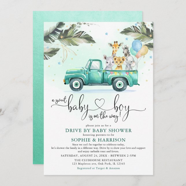Greenery Safari Animals Drive Through Baby Shower Invitation (Front/Back)
