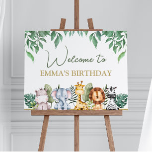 Greenery Safari Animals Wild One Birthday Welcome  Poster