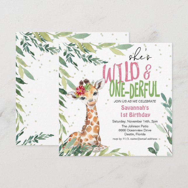 Greenery Safari Giraffe Wild One 1st Birthday Invitation (Front/Back)