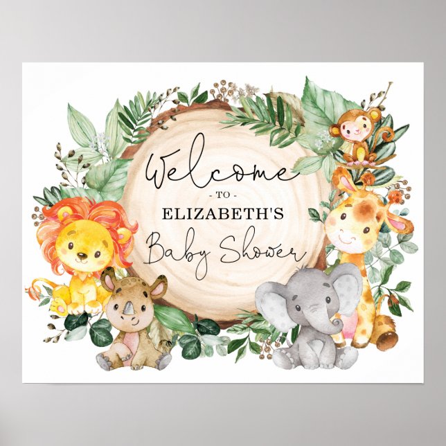 Greenery Safari Jungle Wild Animals Baby Welcome Poster (Front)