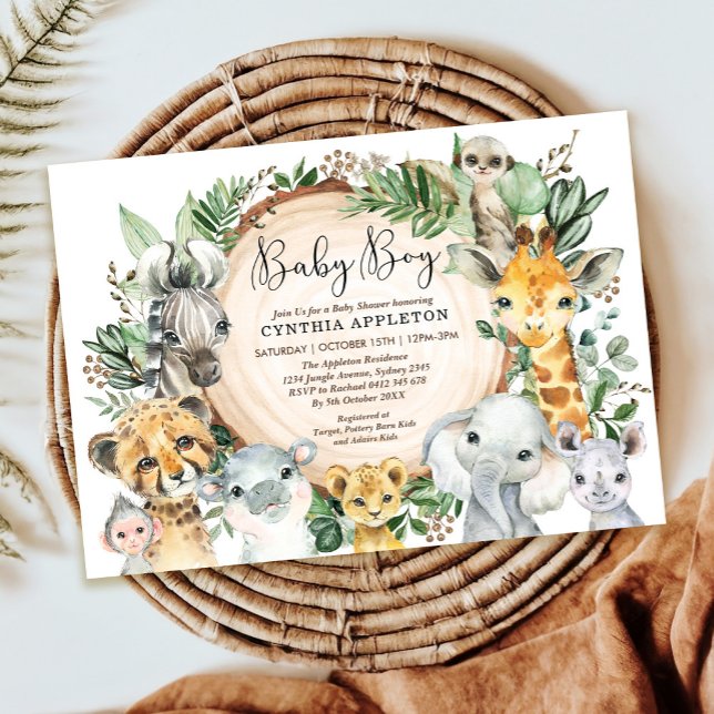 Greenery Safari Wild Animals Baby Boy Shower Invitation (Creator Uploaded)