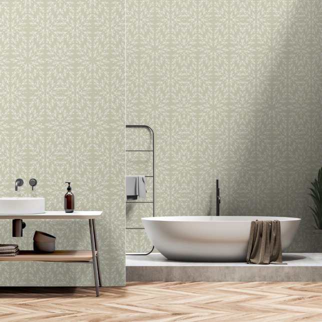 Greenery sage green mandala floral  wallpaper (Bathroom)