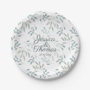 Greenery Sage Green Watercolor Pattern Wedding Paper Plate