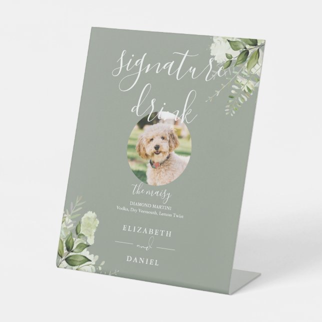 Greenery Sage Green Wedding Pet Signature Drink Pedestal Sign (Front)