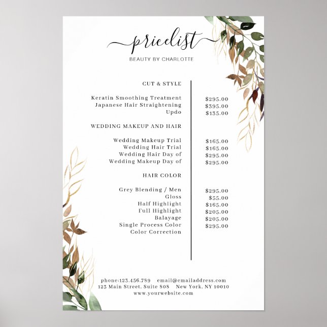 Greenery Salon Price List Poster (Front)