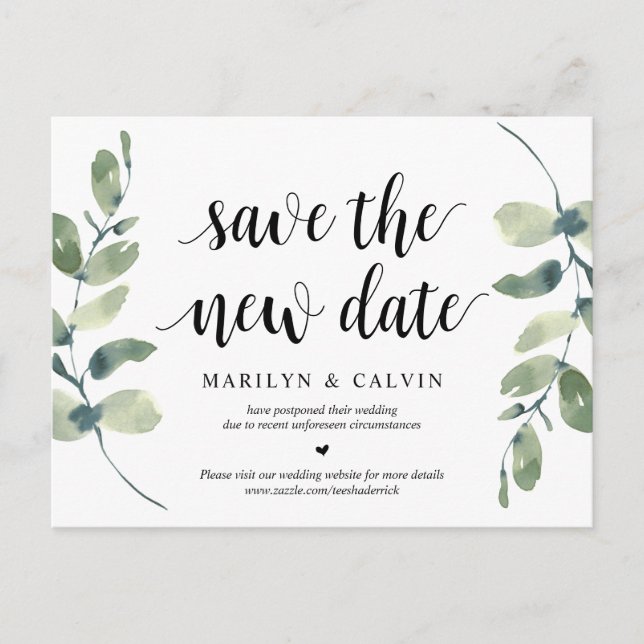 Greenery, Save the New Date, Wedding Postponed Postcard (Front)