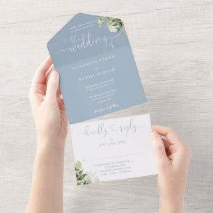 Greenery Script Hearts Dusty Blue Wedding All In One Invitation