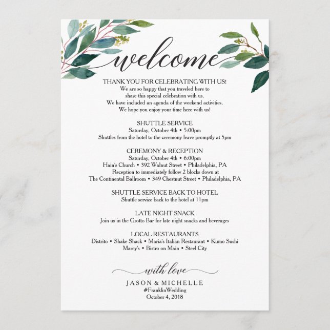 Greenery Script Wedding Itinerary Wedding Welcome Program (Front)