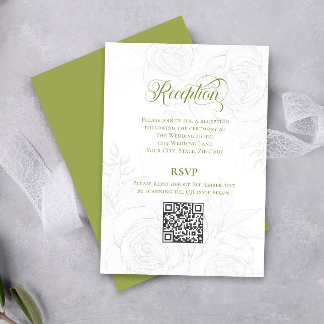 Greenery Script Wedding QR Code Reception Card (Elegant greenery script wedding reception card with QR code RSVP and soft floral sketch design)