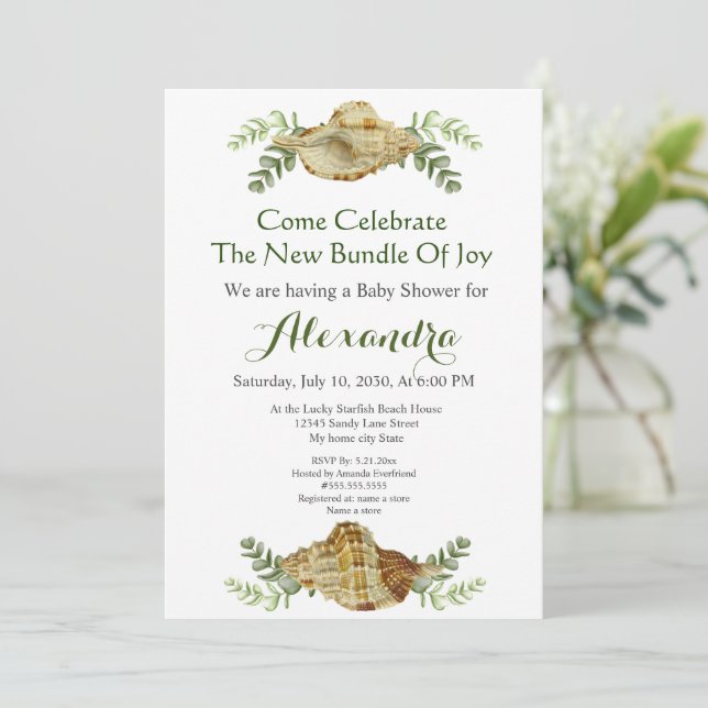 Greenery Seashell Cream Shells Coastal Baby Shower (Standing Front)