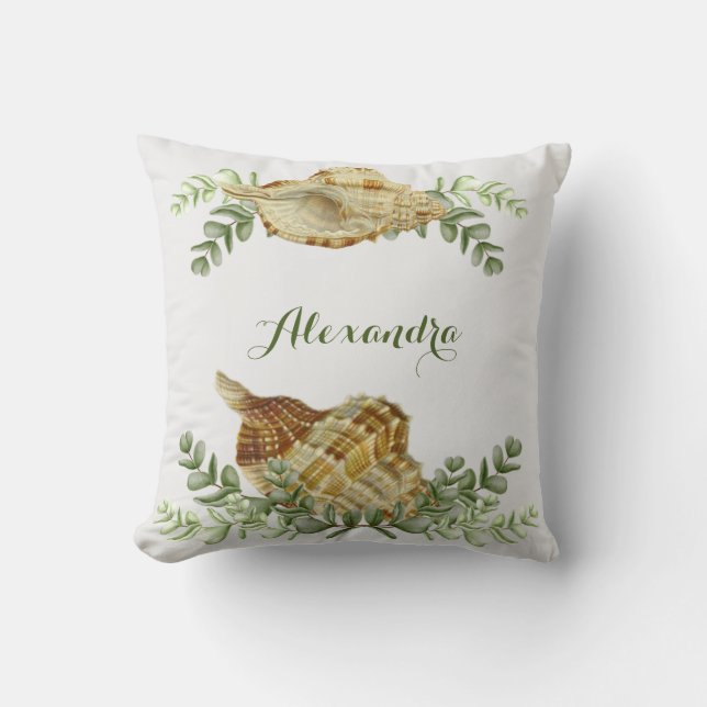 Greenery Seashell Nautical Cream Shells Coastal Cushion (Front)