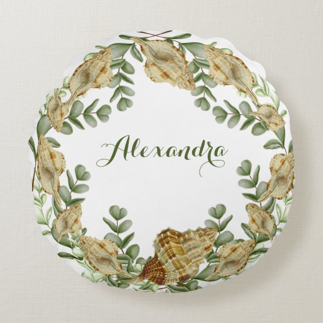 Greenery Seashell Nautical Cream Shells Coastal Ro Round Cushion (Front)