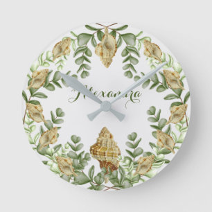 Greenery Seashell Nautical Cream Shells Coastal Round Clock
