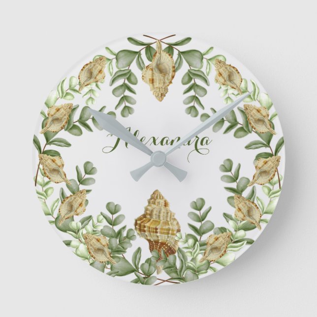 Greenery Seashell Nautical Cream Shells Coastal Round Clock (Front)