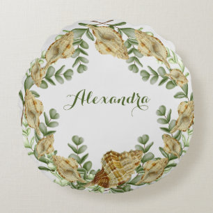 Greenery Seashell Nautical Cream Shells Coastal Round Cushion
