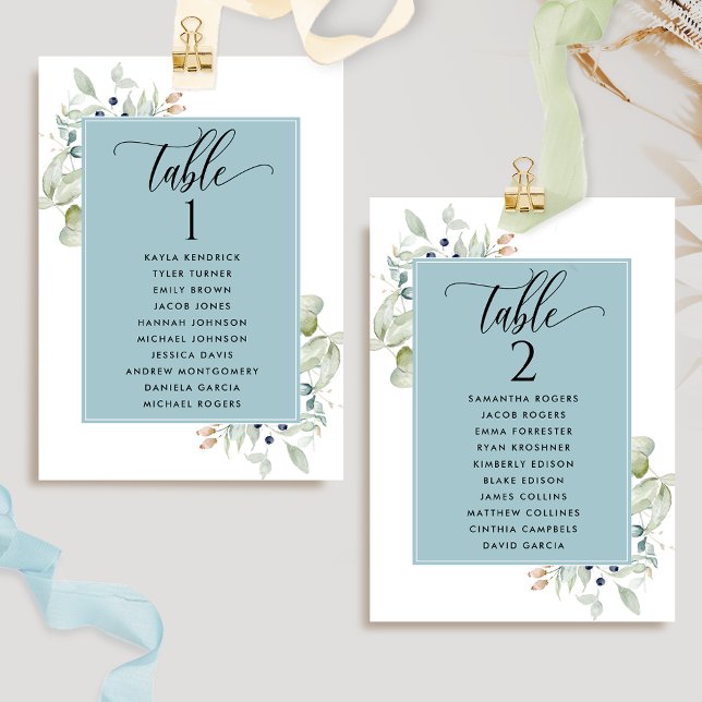 Greenery, Seating Plan Cards w/ Guest Names, Blue (Creator Uploaded)